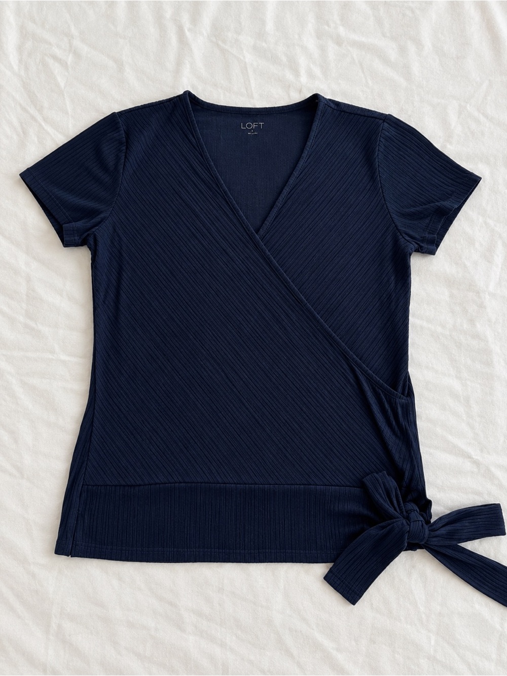 LOFT Navy Ribbed Wrap Short-Sleeve Top with Side Bow
